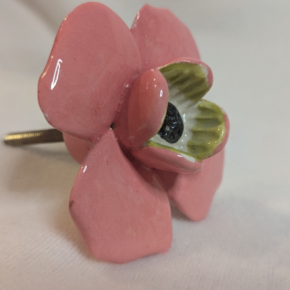 Ceramic Pink Flower Knobs Rare Dresser Cabinet Drawer Handle Pulls Set of 2